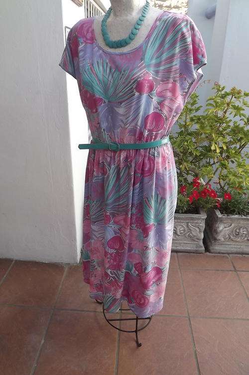 Pretty Pink & Turquoise Floral Viscose Summer Dress in size 14/38 by Woolworths - Belt included