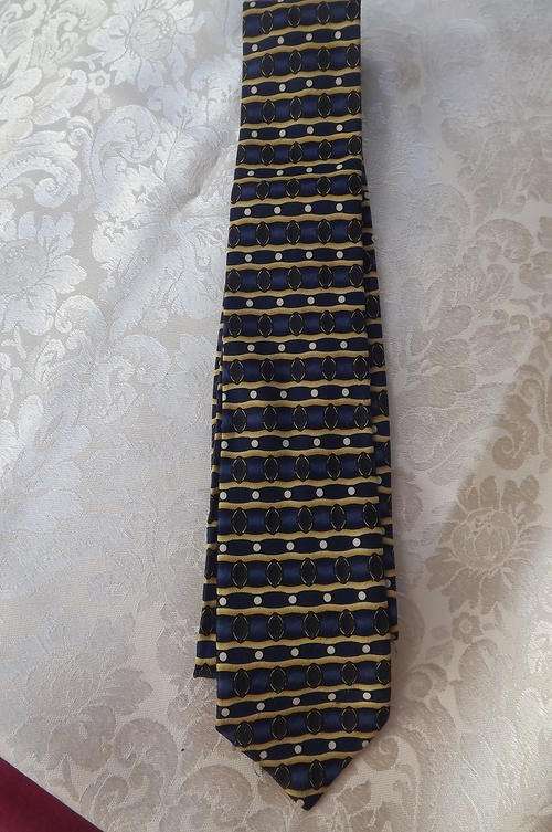 Navy Silky Tie with Mustard Colour Stripes and Patterns - width 6.2cm - as new
