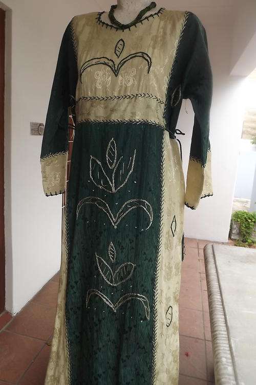 Unique Beige & Green Maxi Dress with Embroidery Stitching in Brocade fit 38/40-good cond