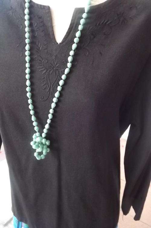 Black Linen Long Sleeve Top with Embroidery around neckline & cuffs-size 14/38 by Yong You-good cond