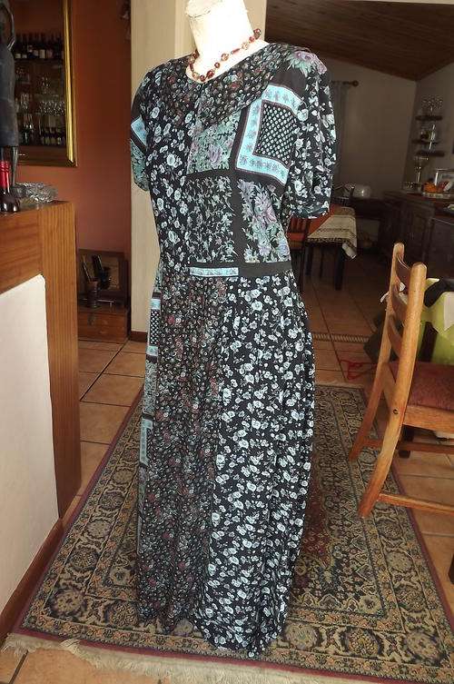 Long Comfortable Black Viscose Dress with Blue & Pink Floral Pattern by Threads in size 38 to 40