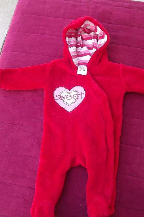 All in One Warm Hooded REd Baby Grow for 0-3mnth old - Pink Heart on Front - up to 4kg