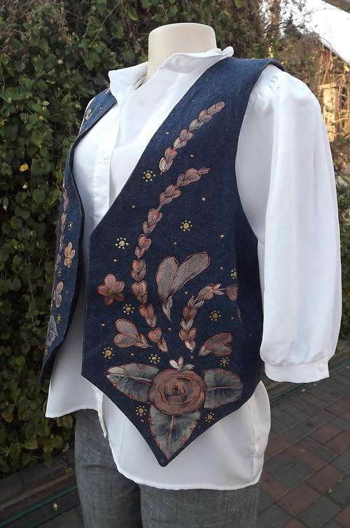 Denim Waistcoat with Hand Painted Designs - will fit size 36 to 38 - see scans for detail - new cond