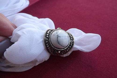 Bulky Costume Jewelery Ring with White Stone - Setting resembles Marcasite - size 8 - as new