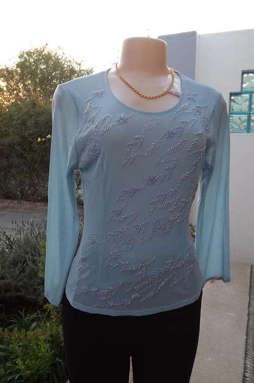 Sky Blue Long Sleeve Sheer Stretch Top with Stunning Beading on front - will best fit size 14/38