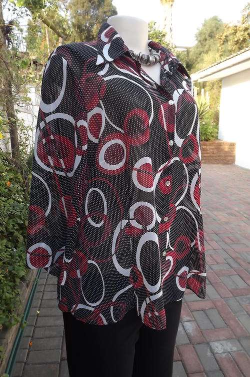 Stunning Soft Sheer Blouse in Black, Red & White Geometric Design on dotted background in size 18/42