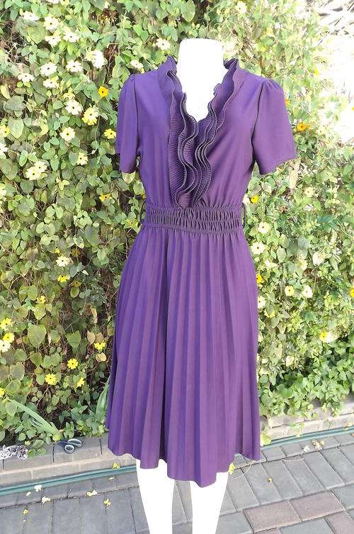 Dark Purple Dress with Permanent Pleated Skirt-Frills Around Neck & Front by Lili G.C. in size 12/36