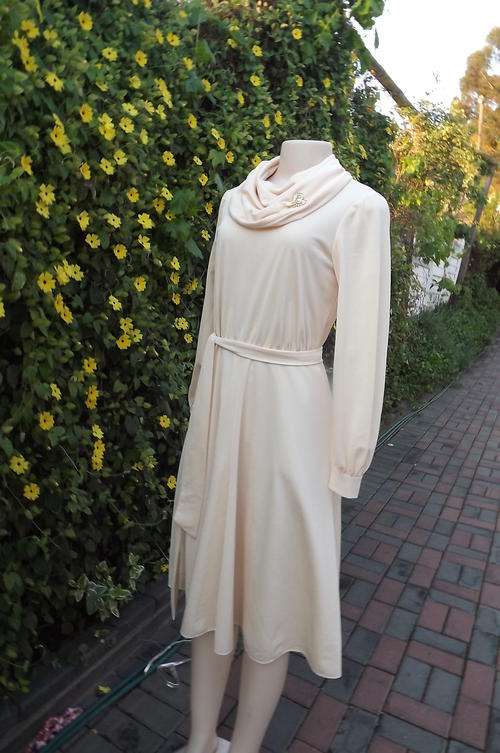 Beautiful Cream Long Cuffed Sleeve Dress with Cowl Neck Collar in size 10/34 - new condition