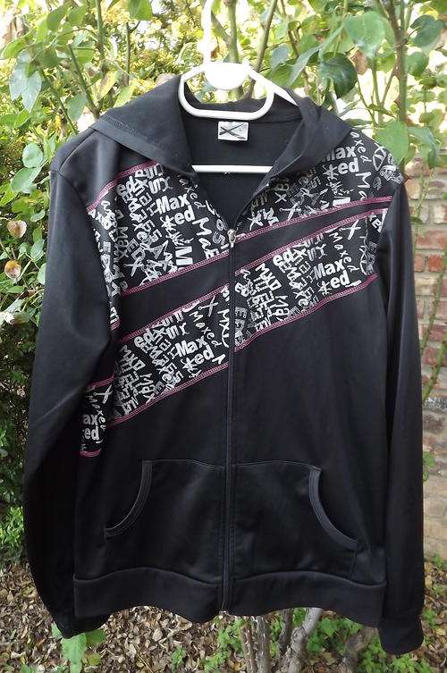 Hooded Black Zipped Jacket by Maxed in size 16/40 - polyester with fleecy inside - good condition