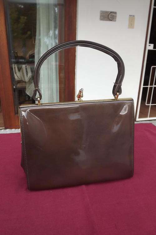 Golden Brown Elbief Patent Leather Handbag - closes with metal clip - 20x24cm