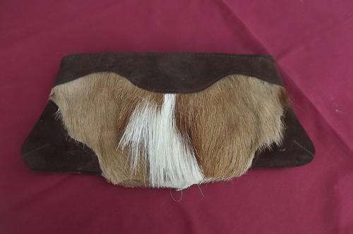 Small Brown Leather Zipped Clutch Bag with Springbuck Skin - used but still in good condition