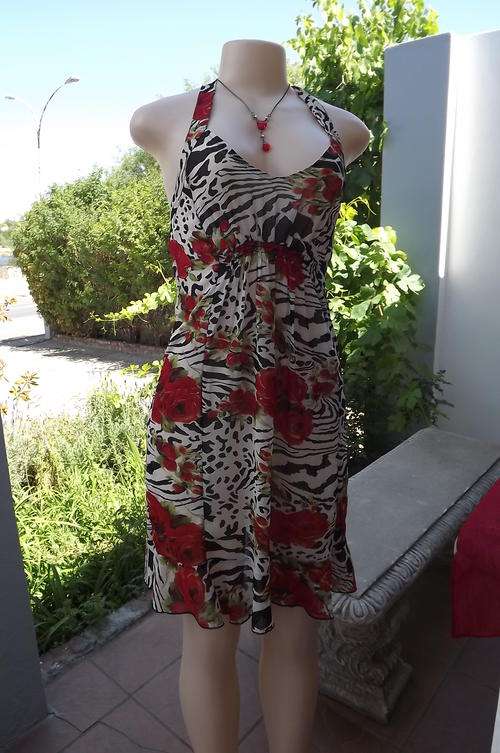 Halter Neck Dress in Black & White Animal Print with Red Roses & Some Lurex in size 12/36 by Toumai