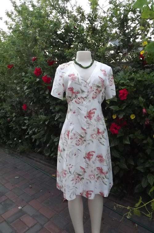 Lady Like Button Down Polycotton Dress in Beige with Peach Colour Flower Pattern in size 10/34