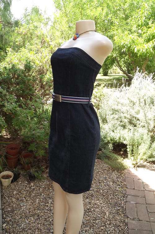 Sexy Strapless Legit Denim Dress in size 8/32-paneled style with option of various belts-good cond