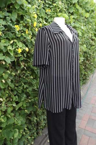 Sheer black with white stripe long button down blouse in size 42/8 by Penny C.100% polyester.New