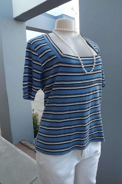 Blue horizontally striped square neck top by OBR Jeanswear.Size 42/18.Short sleeves.New condition