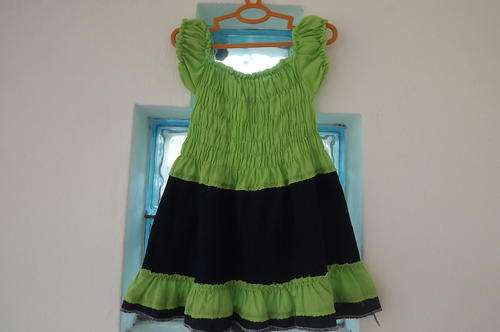 Little green&denim dress for 1-2year old girl.Elasticated top and sleeves with frill.Self made.Good