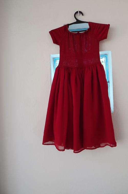 Bright red special occasion dress for 7-8 year old.Polyester chiffon gathered lined skirt.Top in pol