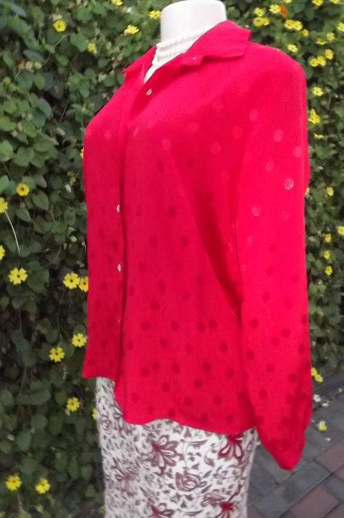 Bright red silky long sleeve blouse in 100%polyester.Size 36/12 by Shelley Impressions.Polkadot patt