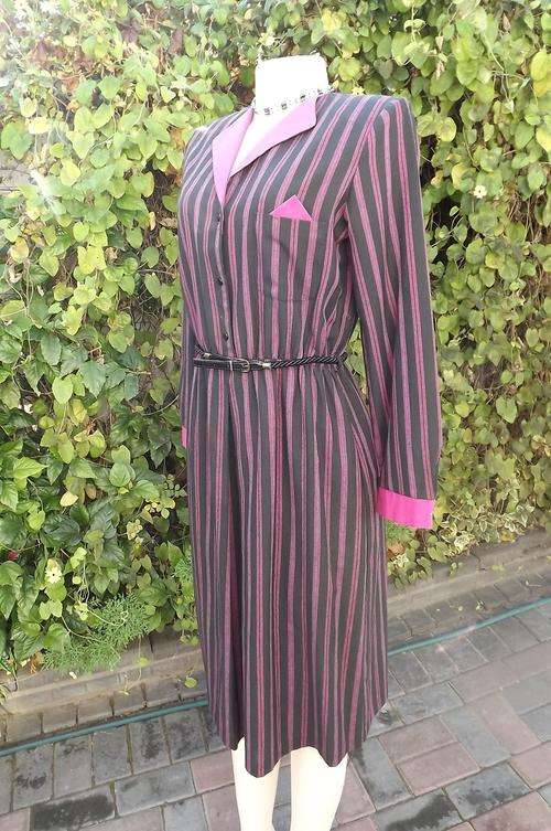 Stylish black long sleeve Vision dress with cerise stripes,collar and cuffs.Size 35/11.Bust 94 cm.