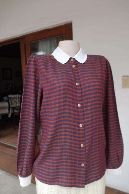 Vintage navy and peach checked blouse in polycotton in size 36/12 by Shelley.Good condition