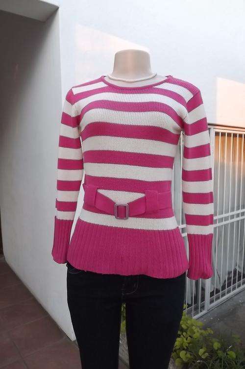 Cherise and white horizontally striped knitted sweater size 30/6.Acrylic knit.Belt on front.Used con