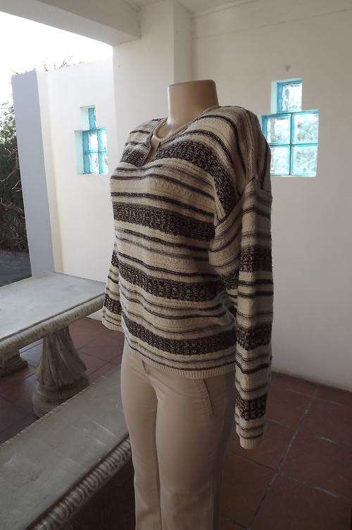 Knitted cotton/acrylic blend top in beige and brown stripes size 38/14 by Outback Red Earthwear.