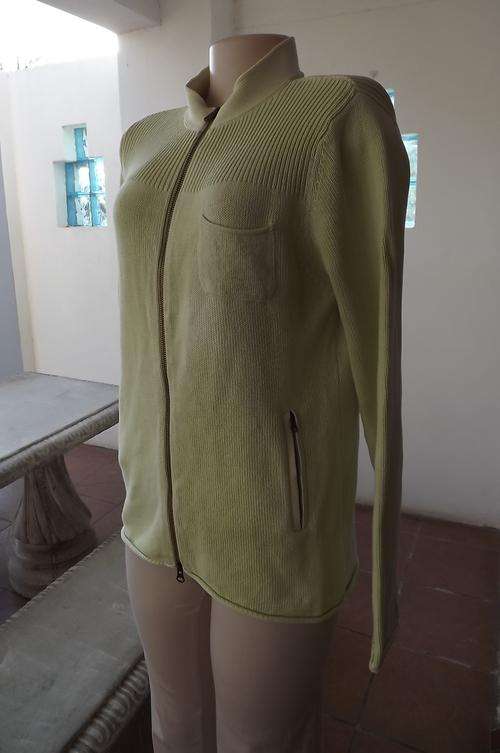 Pastle green zipped Old Khaki cardigan with wash out look.Size 40/16.Two zipped pockets on front.