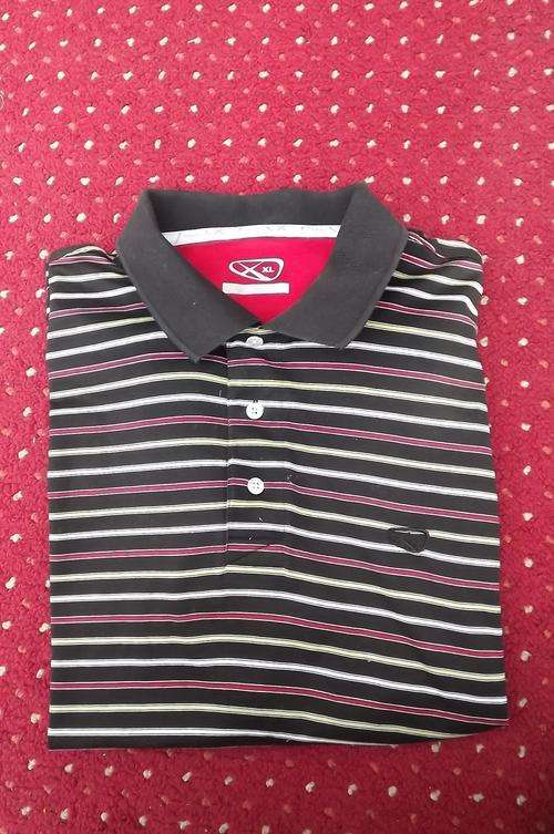 Black Golf shirt with cheerful red,white and lime horizontal stripes.Size XL by Maxed.As new