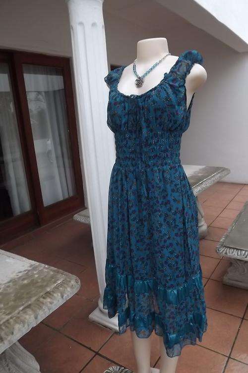 Summer dress in jade with tiny floral design by Candy Box in size 38/14.Frills at seam.As new