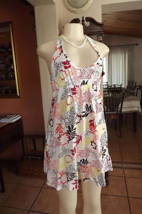 White stretch cotton halter neck dress with autumn colour floral pattern.Size 36/12.As new.