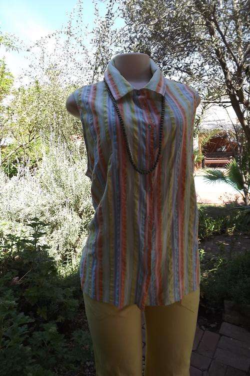 Vertically striped sleeveless 100% cotton top in soft sorbet colours.Size 44/20 by Image.