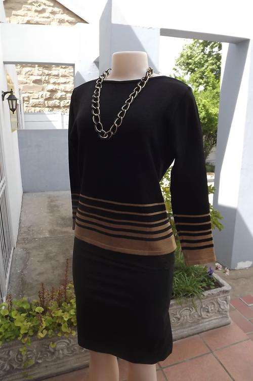 Black " Kem Knit" acrylic sweater with caramel colour stripes.Boat neck.Size 36/12.Good condition