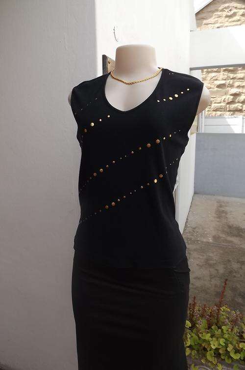 Woolworths black 100% cotton stretch sleeveless top in size 36/12.Gold stud decoration.