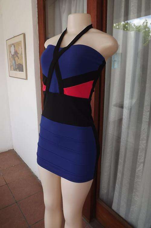 Stunning colour blocked mini dress size 32/8 in black & royal blue with splash of coral.Halter neck.