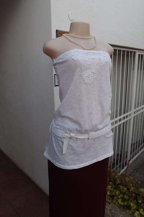Pure white 100% stretch cotton strapless long top with elasticated middle size 32/8 by M.S.K.