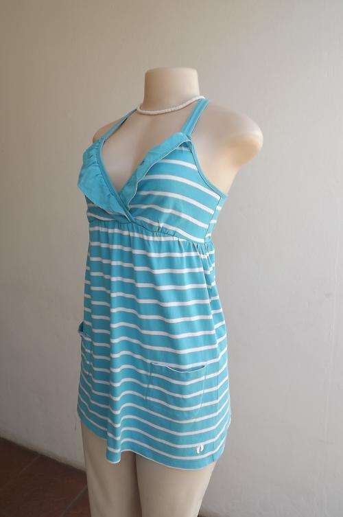 Skyblue and white horizontally striped strappy top by Hang Ten size 30/6.Cross over bust.As new cond