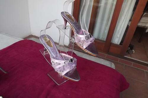 Pair of lilac special event open shoes with thin short heels size 8 by Runley.Used but still fine