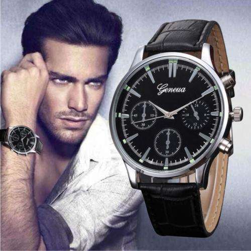 GENEVA Mens Leather Dial Watch Stainless Steel Analog