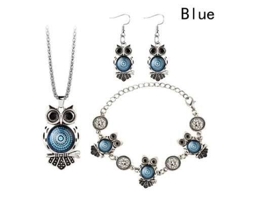 Tibetan Silver Turquoise  Gemstone Owl Necklace Bracelet Earring Jewelry Set