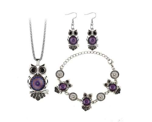 Tibetan Silver Turquoise  Gemstone Owl Necklace Bracelet Earring Jewelry Set