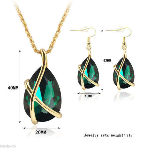 Elegant Gold Plated  Gem Drop Necklace Earrings Jewelry Set