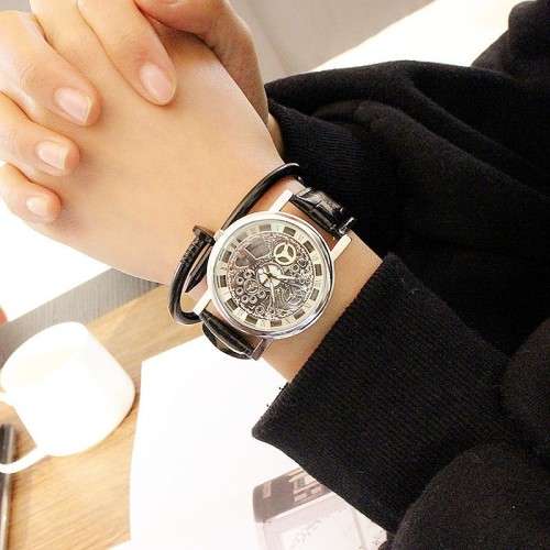 Mechanical Skeleton Transparent Vintage Style  Leather Watch