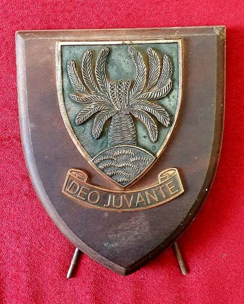 SADF . 4 SAI BATTALION .  EMBLEM PLAQUE . COPPER ON WOOD.