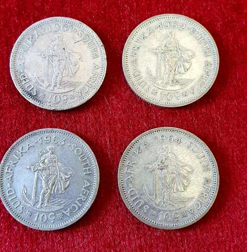 10 CENTS .SOUTH AFRICA . 4 X COINS. 1 X "61, 1 X "62 , 1 X "63 .1X "64 SILVER 24 gr. EXCEPTIONAL !!
