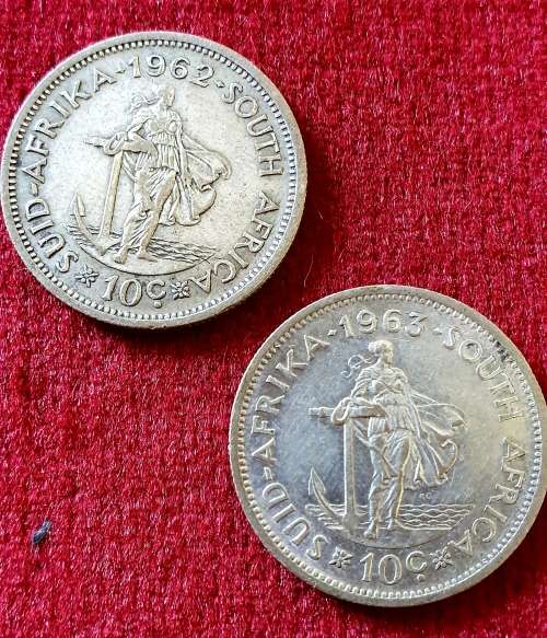 10 CENTS .SOUTH AFRICA . 2 X COINS.1 X "62 , 1 X "63  SILVER 12 gr. EXCEPTIONAL !!