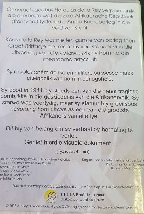ANGLO BOERE OORLOG .DIE LEEU VAN DIE WES TRANSVAAL. GEN.KOOS DE LA REY. DVD.