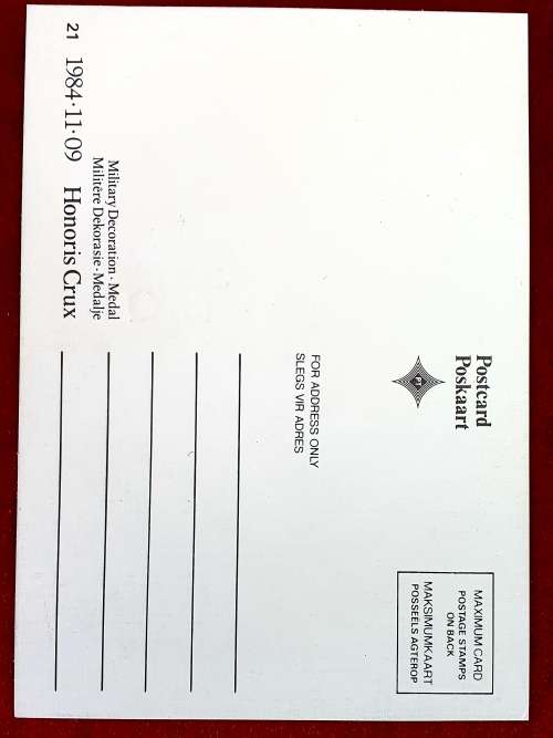 SADF MILITERE DEKORASIE MEDALJE HONORIS CRUX . 1984 . FULL SIZE POST CARD. VOORTREKKERHOOGTE.