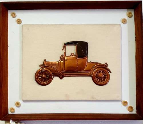 ANTIQUE PRESSED COPPER MODEL T FORD. 1930s. 50 CM X 50 CM. FRAMED.