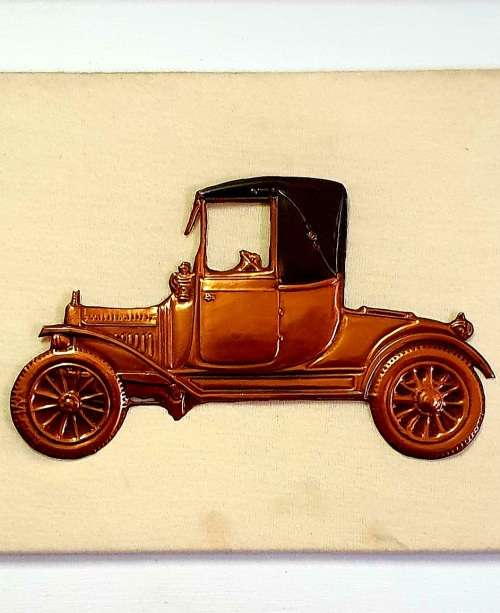 ANTIQUE PRESSED COPPER MODEL T FORD. 1930s. 50 CM X 50 CM. FRAMED.